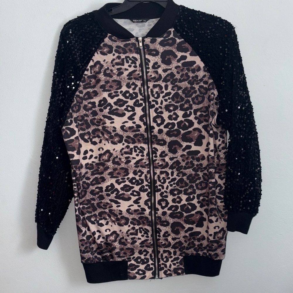 SHEIN Leopard Print Bomber Jacket with Black Sequin Sleeves
